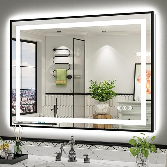48x36 Inch LED Bathroom Mirror with Black Frame, Backlit & Front Lit, Anti-Fog Lighted Bathroom Vanity Mirror for Wall, Memory Function, Dimmable, HD Tempered Glass, Shatter-Proof