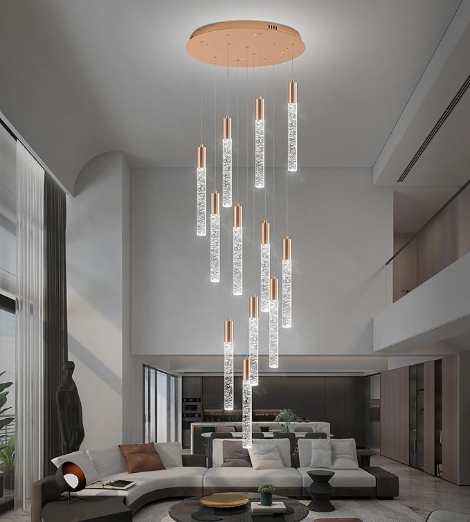 12-Lights High Ceiling Crystal Chandelier, Modern Large LED Raindrop Pendant Light Fixture 99" H Flush Mount Chandelier Gold for Foyer Staircase Villa Living Room