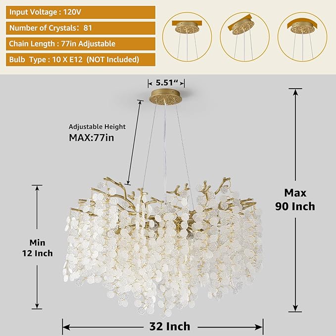 32 Inch Gold Crystal Chandelier, 10-Light Coastal Chandeliers for Dining Room, Large Modern Tree Branch Light Fixtures, Seashell Chandelier for Entryway Foyer Bathroom Living Room, E12