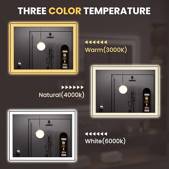 LOAAO 48"X36" LED Bathroom Mirror Black Framed, Anti-Fog, Dimmable, Lighted Bathroom Vanity Mirror for Wall, Memory Function, Tempered Glass