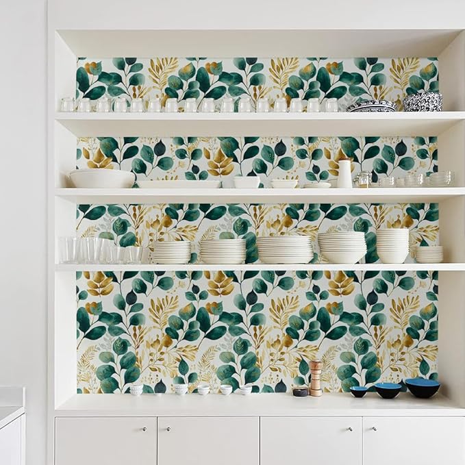 Modern Watercolor Green Golden White Plants Leaf Botanical Peel and Stick Wallpaper Wall Decor Self Adhesive Wall Paper Stick on Easy Peel Off Contact for Renter Apartment