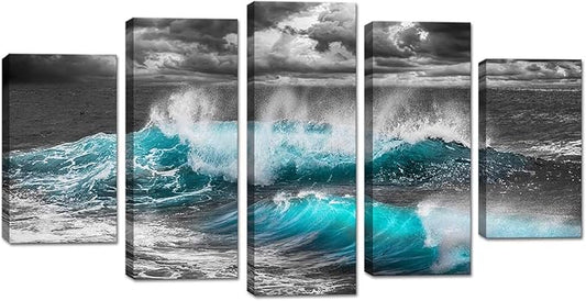 KLVOS 5 Piece Sea Waves Wall Art Black and White Blue Ocean Paintings Coastal Nautical Canvas Prints Mordern Seascape Picture Decor Giclee Artwork Gallery Wrapped Gift Living Room Bedroom Bathroom
