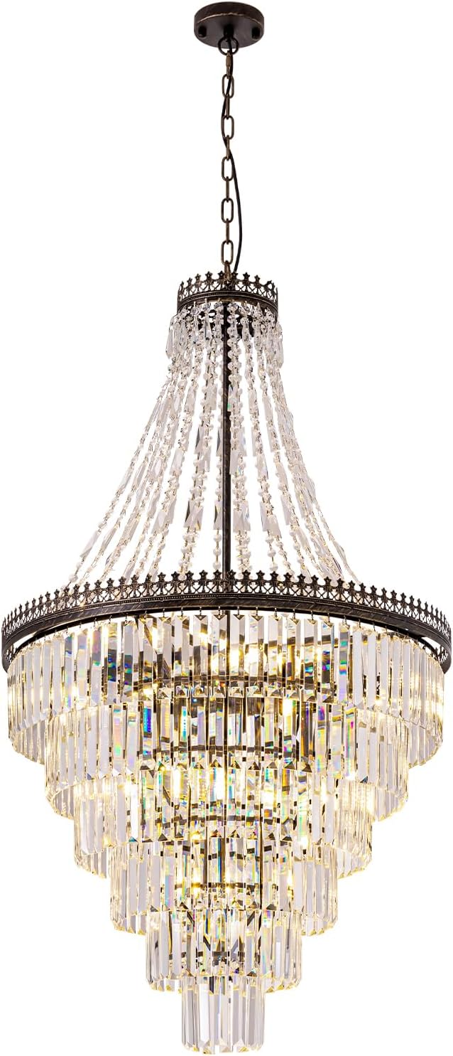 7PM French Empire Crystal Chandelier, Large Vintage Chandelier for High Ceiling, 6-Tier Antique Bronze Lighting, Farmhouse Ceiling Light Fixture for Foyer, Entryway, Living Room, 28" Wx48''H