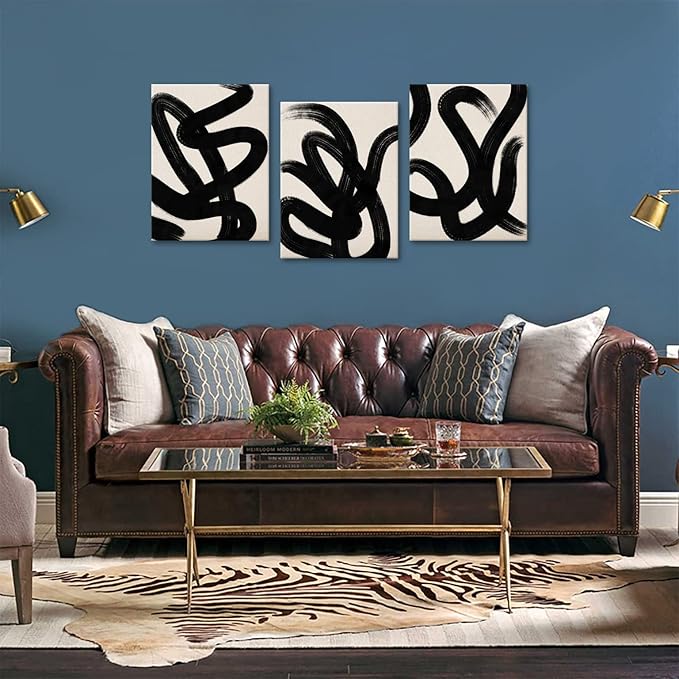 arteWOODS Wall Art Canvas Set Abstract Lines Pictures Modern Mid Century Boho Wall Decor Minimalist Abstract Black Stroke Lines Canvas Painting Artwork Living Room Bedroom Home Office 12"x16"x3