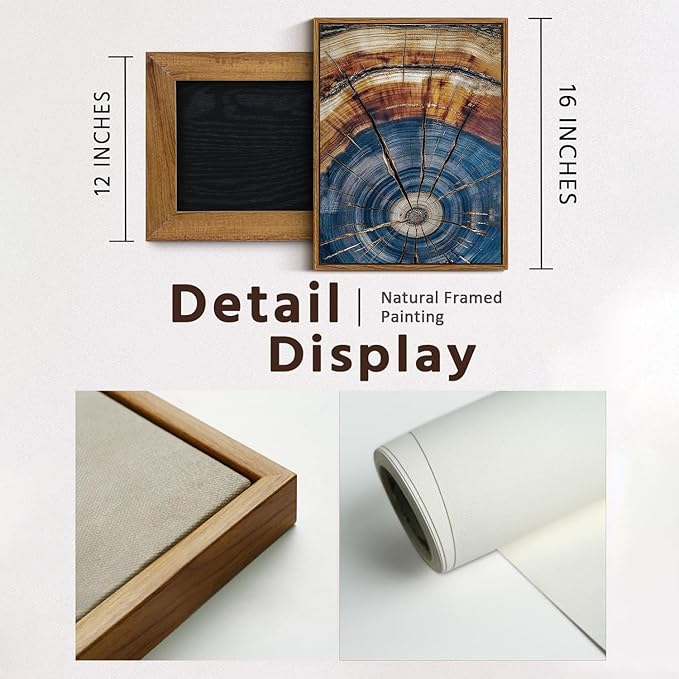 BingruiArt Framed Tree Ring Canvas Wall Art Abstract Wood Wall Decor Boho Modern Colorful Nature Painting Wood Stump Prints Pictures for Living Room Bedroom Bathroom Office 12"x16" Natural Framed(02)