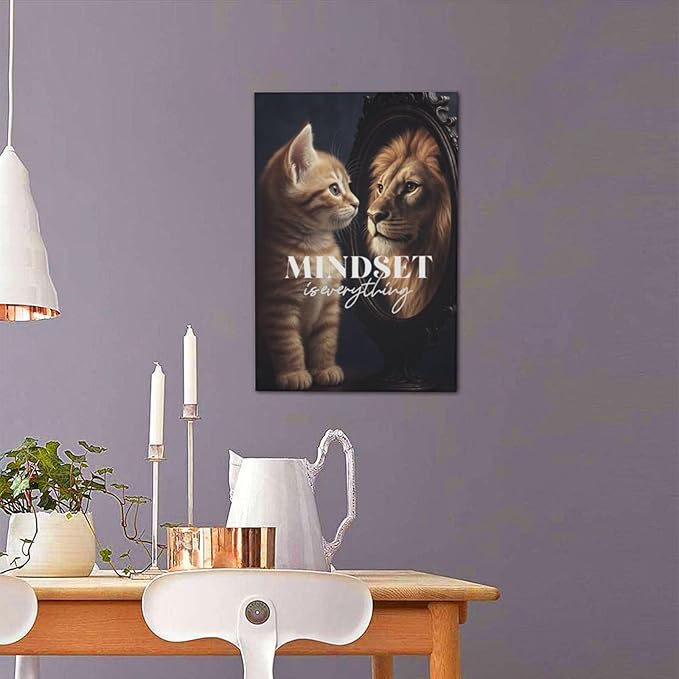 Motivational Lion And Cat Wall Art For Kids Mindset Is Everything Nursery Canvas Wall Decor Inspirational Pictures Paintings Prints Artwork Framed Decorations For Children's Room Bathroom Bedroom Living Room Office Gifts 16" x 24"