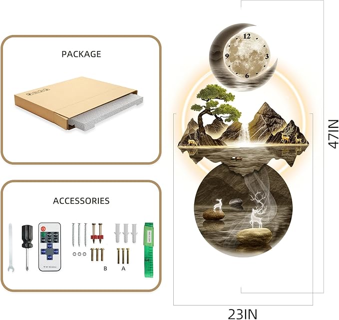 LED Light Art Wall Decor, 3D Art Wall Decor Clock, Decor Wall Sculptures with Lights, Modern Home Decor Landscape Wall Sculpture, Plug-in Power Supply, Gold A, 23x47IN