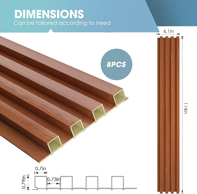 OUZUGIE WPC Acoustic Slat Wall Paneling, 8-Pack 114 x 6 Inches 3D Wall Panels for Interior Wall Decor,Living Room,TV Background,Study Room,Office Spaces,Bedroom,High Grille (Teak)