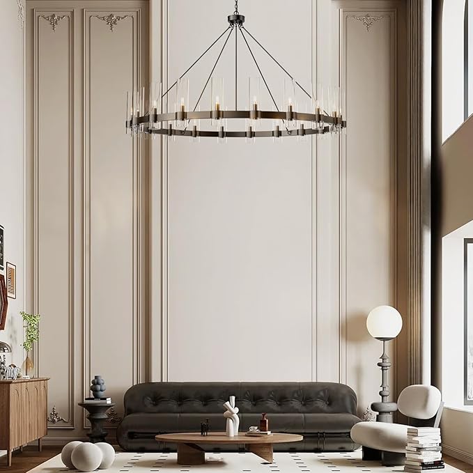 60 Inch Black Round Chandelier, Wagon Wheel Chandelier with Glass Shade, 20-Lights Large Modern Farmhouse High Ceilings Pendant Lighting Fixture for Dining Room, Living Room, Kitchen, Foyer