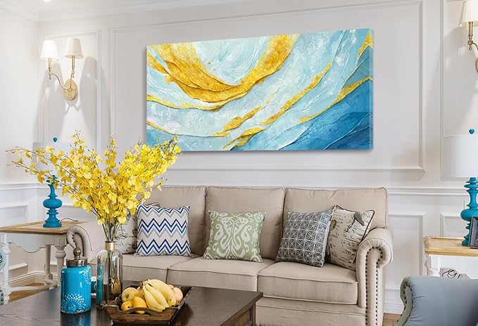 Nicetop Extra Large Abstract Canvas Wall Art for Living Room – Oversized Blue and Yellow Art Print Modern Horizontal Contemporary Artwork Coastal Wall Picture Bedroom Home Office Decor 58x29 Inch