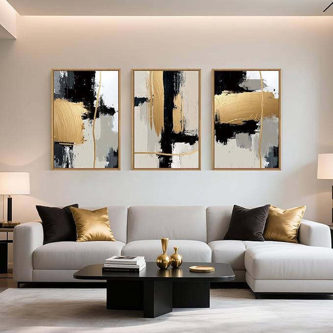 Abstract Black Gold Framed Canvas Wall Art Set,Modern Minimalist Black White Wall Decor,Neutral Color Block Line Art Print for Living Room,Bedroom,Dining Room,Office-16 x24 x3