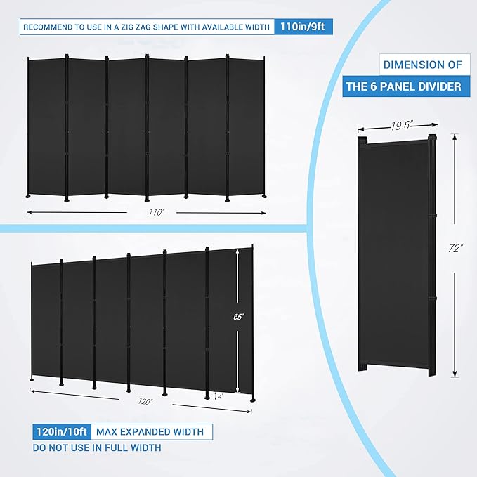 MAYOLIAH 6 Panel Room Dividers Folding Privacy Screen, 10ft Wide 6ft Tall Partition Office Walls Separator with Small Base, Black