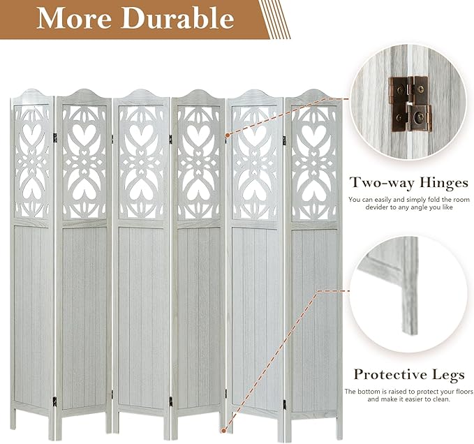 6 Panel Wood Room Divider 5.6Ft Carved Room Divider and Folding Privacy Screen, Minimalism Portable Partition Screen Divider for Room Separation, Room Decoration for Home Office - White