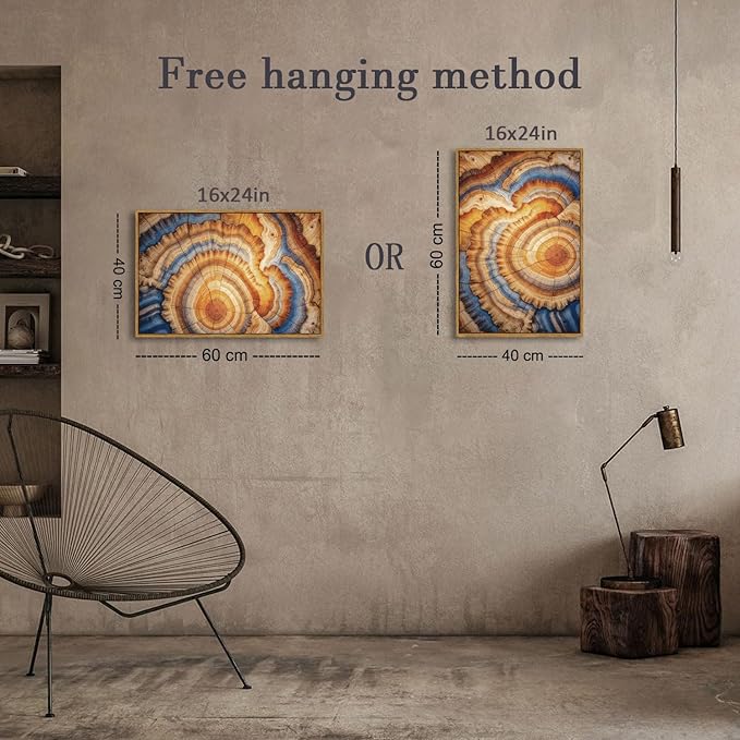BingruiArt Framed Tree Ring Canvas Wall Art Abstract Wood Wall Decor Boho Modern Colorful Nature Painting Wood Stump Prints Pictures for Living Room Bedroom Bathroom Office 16"x24" Natural Framed(09)