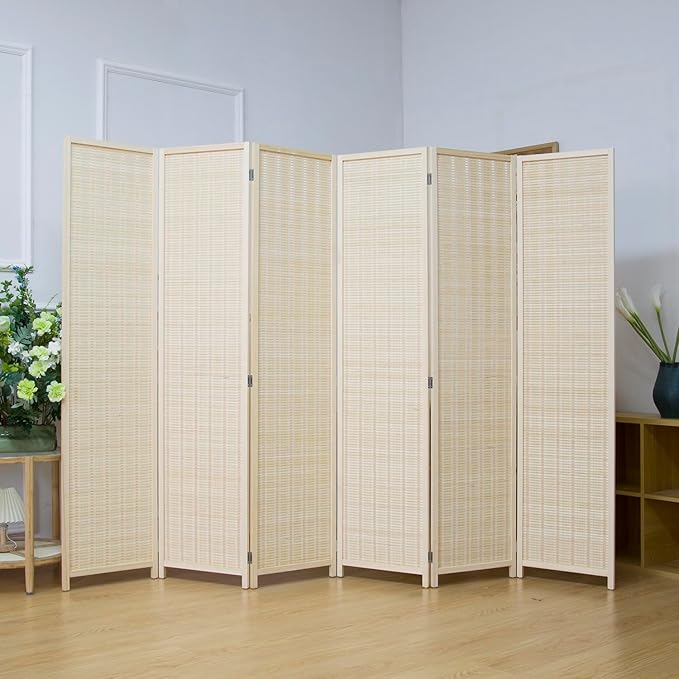 6 Panel Bamboo Room Divider, 5.6 FT Tall Folding Privacy Screen, Freestanding for Room Separation, Beige