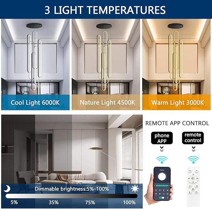 Modern High Ceiling Chandelier for Foyer Black 6 Rings Chandeliers LED Dimmable Chandelier for Living Room Staircase Villa