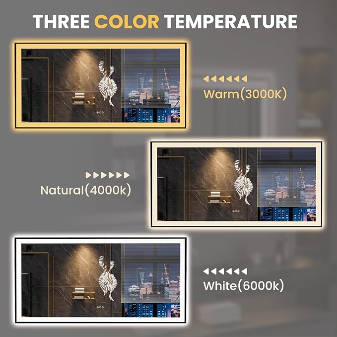 LOAAO 72"X36" LED Bathroom Mirror Black Framed, Anti-Fog, Dimmable, Lighted Bathroom Vanity Mirror for Wall, Memory Function, Tempered Glass