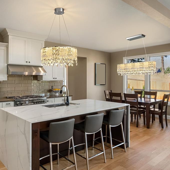 Modern Crystal Chandelier with Glass Panels, Dimmable LED Ceiling Light with Remote Control,Modern 20'' Round Chandeliers Lights Fixtures for Living Room, Dining Room, Bedroom