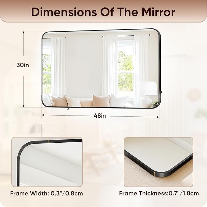 Antok Wall Mirror, 30"x48" Bathroom Vanity Mirror, Anti-Rust HD Tempered Glass, Wall Mounted Mirrors for Living Room, Entryway, Black Frame, Rect