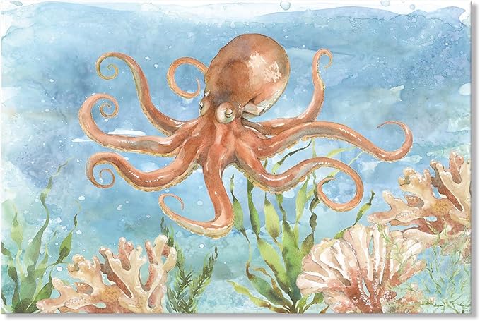 Octopus Canvas Wall Art Ocean Under Sea Life Painting Nautical Marine Life Coral Pictures Framed Artwork For Bathroom Bedroom Livingroom Wall Decor 24x16 Inch
