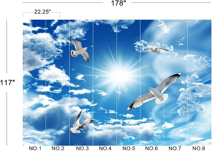 Blue Sky, White Clouds, Sunshine Seagull Ceiling Wall Mural Wallpaper 178" x 117"