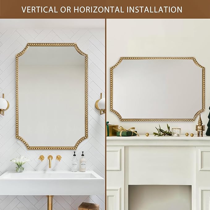 30"x40" Mirror for Wall, Full Scalloped Corners Rectangle Decorative Mirror, Metal Beaded Frame Accent Wall Decor for Bathroom, Entryway, Mantel, Antique Gold