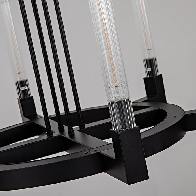 Black 6-Lights Wagon Wheel Chandelier with Glass Tube, 35''Farmhouse Chandeliers Round Luxurious Large Chandelier Fixture Ceiling Pendant Lighting for Dining Living Room, Foyer