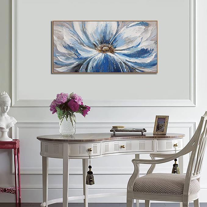 Blue Wall Art for Living Room Large White Flower Picture Wall Decor Canvas Art Wall Artwork Pictures for Bedroom Wall Decor Size 24x48(With Soild Wood Dark Framed)