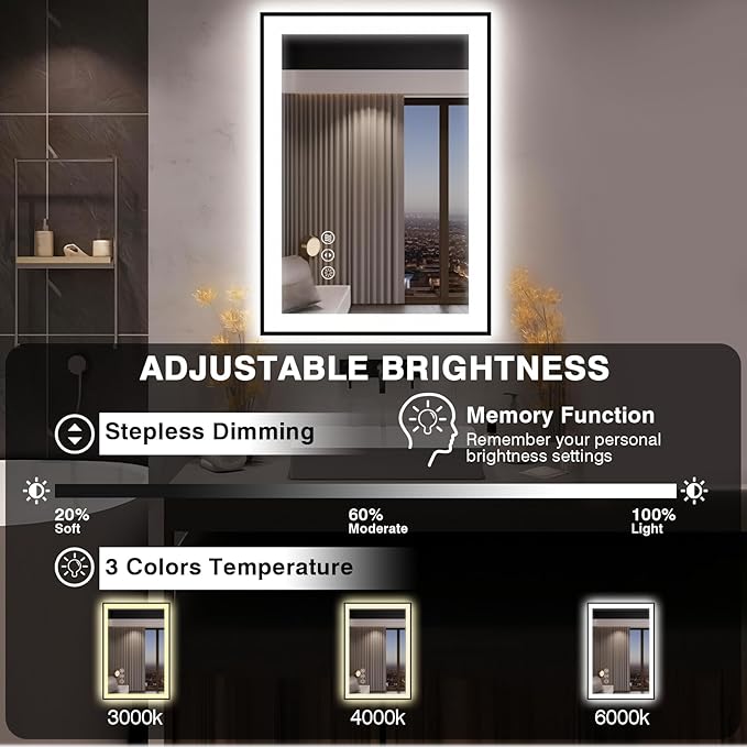 28x36 LED Bathroom Mirror for Wall -Black Aluminum Framed (Front and Backlit), Anti-Fog Vanity Mirror with Lights,Stepless Dimmable Lighted Mirror,3 Colors Smart Mirror(Horizontal/Vertical)