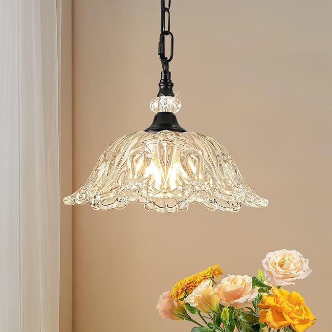 1 Piece Black Chandelier Light Fixtures with Crystal Glass Shade, Black Farmhouse Pendant Light,Hanging Light for Dining Room,Hallway,Living Room,Bedroom