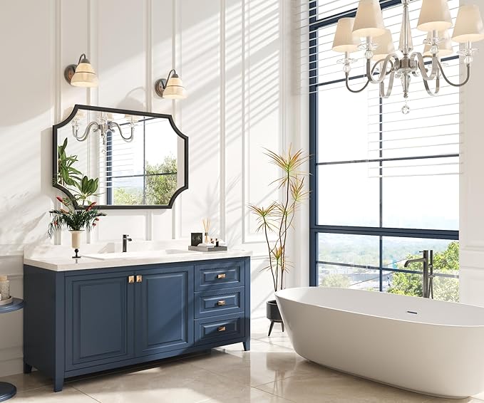 Kelly Miller Scalloped Black Bathroom Mirror for Wall, 24"x36" Black Mirror Decorative Wall Mirror Art Framed Mirror Bevelled for Master Bath Half Bath Living Room Fireplace Mantle Entryway Hallway