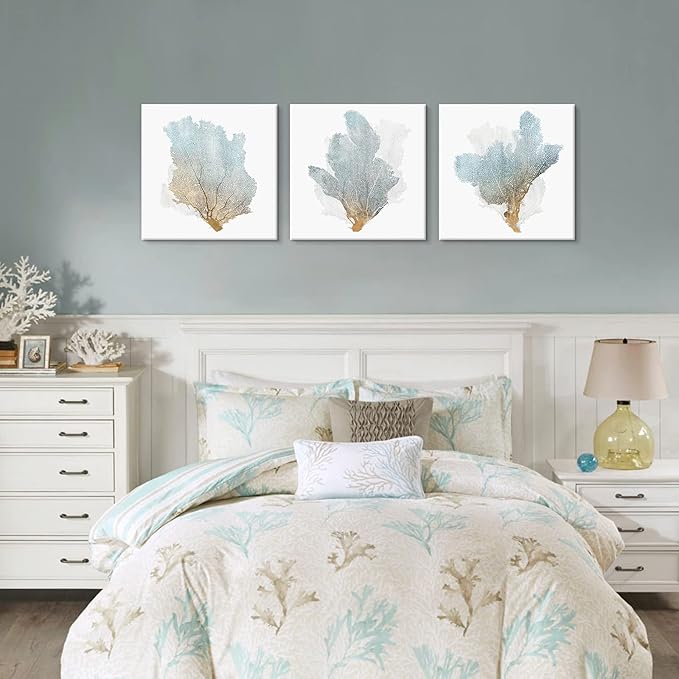 JAPO ART Delicate Coral by PI Creative Art Modern Ocean Marine Animal Artwork Wall Pictures Vintage Giclee Print on Canvas Framed for Living Room Bedroom Decor 20 x 20 inch x 3 pcs