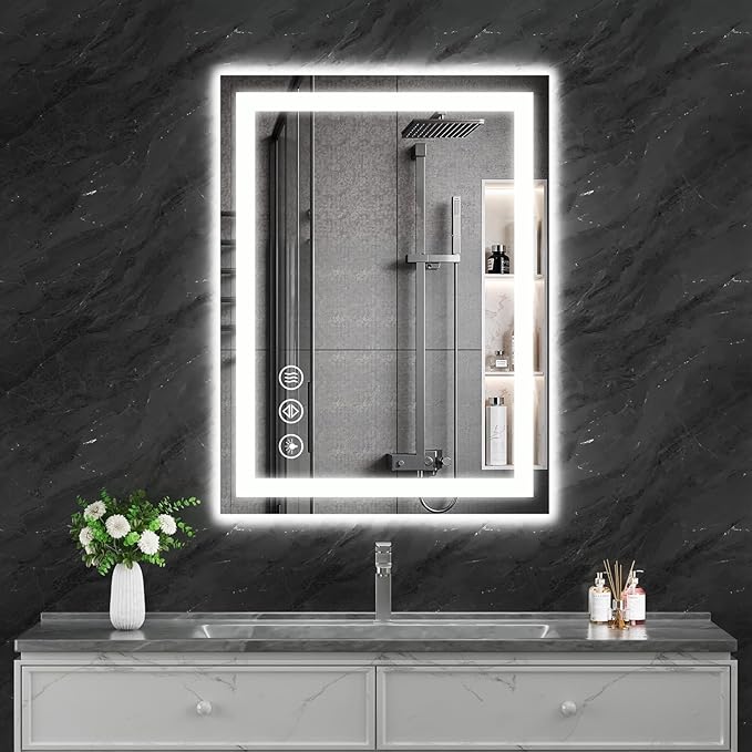Koonmi 32"x24" LED Mirror for Bathroom, 90CRI Anti-Fog Vanity Mirror with Front and Backlight, Shatter-Proof Wall Mirror with Light, Easy Install Lighted Mirror for Modern Bathroom (IP65)