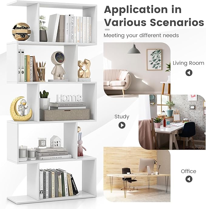 5 Tier Geometric Bookcase, S Shaped Bookshelf, Modern Decorative Storage Shelving, Wooden Room Divider Bookcase, 62.5" Tall Staggered Display Book Shelf for Living Room (1, White)
