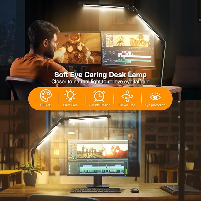 LED Desk Lamp with Clamp, Adjustable Swing Arm for Home Office, Dimmable Tempering Eye Care, Bright Modern Led Table Lamp for Nail Tech Architect, Flexible Tall Task Table Light