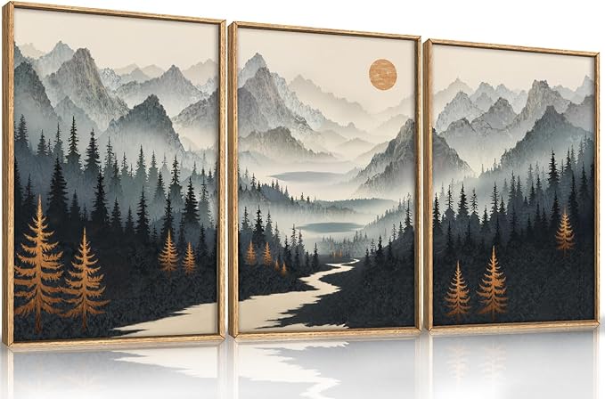 Ausril Watercolor Mountain Forest Framed Canvas Wall Art Set, Wood Foggy Lake Wall Decor, Misty Pine Tree Wall Painting, Neutral Nature Landscape Art Print for Living Room, Bedroom, Office - 16"X24"X3