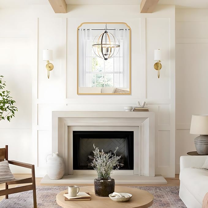 30X40 Inch Gold Bathroom Mirror for Vanity, Modern Rounded Corner Large Wall Mirror for Over Sink with Non-Rusting Iron Metal Framed (Tempered Glass)