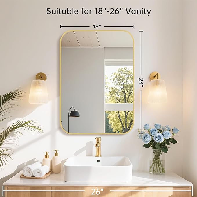 16x24 Inch Gold Bathroom Mirror, Brushed Brass Gold Metal Framed Rectangular Mirror with Rounded Corner, Wall Mounted Vanity Mirror for Bedroom or Living Room, Horizontal/Vertical