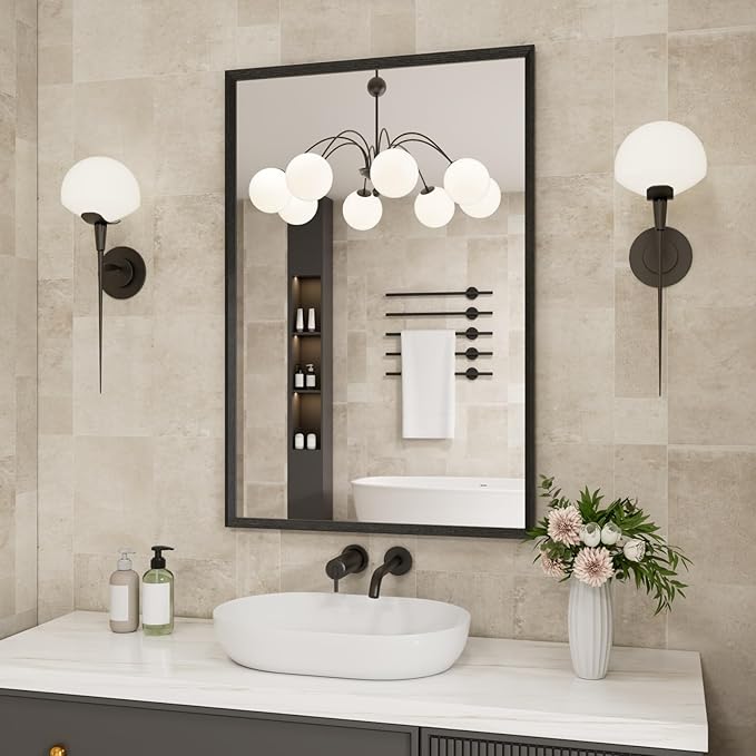 Bathroom Vanity Mirror 24x32 Inch, Matte Black Rectangle Bathroom Mirror, Anti-Rust, 4MM Tempered Glass, Wall-Mounted Mirror, Hangs Horizontally or Vertically for Bathroom & Bedroom
