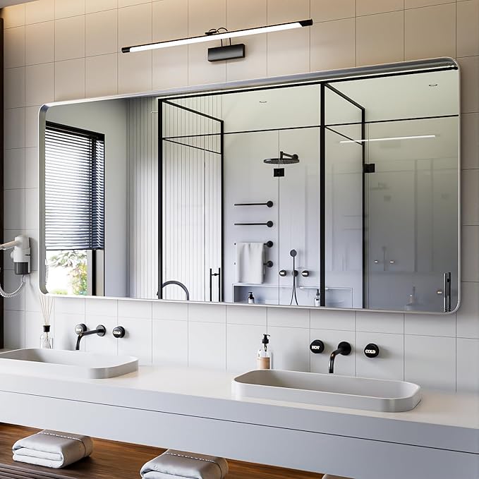 Large Bathroom Mirror for Wall, 60x36 Inch Brushed Silver Framed Bathroom Vanity Mirror for Farmhouse Living Room Bedroom, Anti-Rust, Tempered Glass, Horizontal/Vertical