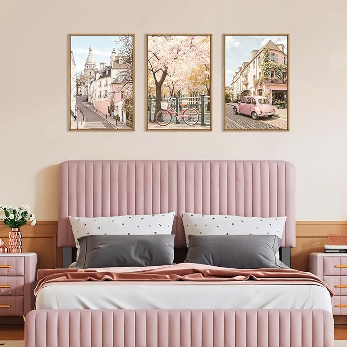 Ausril Italy Pink Cityscape Framed Canvas Wall Art Set, Romantic Flower Street Wall Decor, Vintage Travel City Wall Painting, Italian Pink Bike Art Prints for Living Room, Bedroom, Office - 24"X36"X3