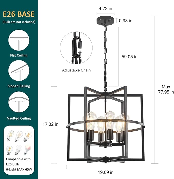 6-Light Black Farmhouse Chandelier for Dining Room, 19'' Modern Industrial Metal Cage Adjustable Hanging Pendant Light for Kitchen Island, Entryway, Hallway, Bedroom