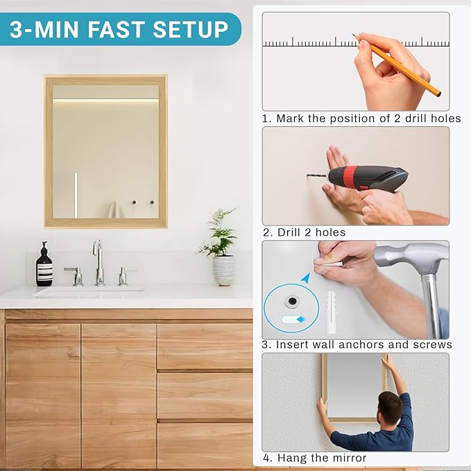 Oak Wood Effect Framed Wall Mirror, 16x20 Rectangle Mirror, 1/8" Anti-desilvering Tempered Glass, Sustainable&Sturdy Frame, Anti-Rust, HD Reflection &3min Fast Setup for Bathroom Living Room