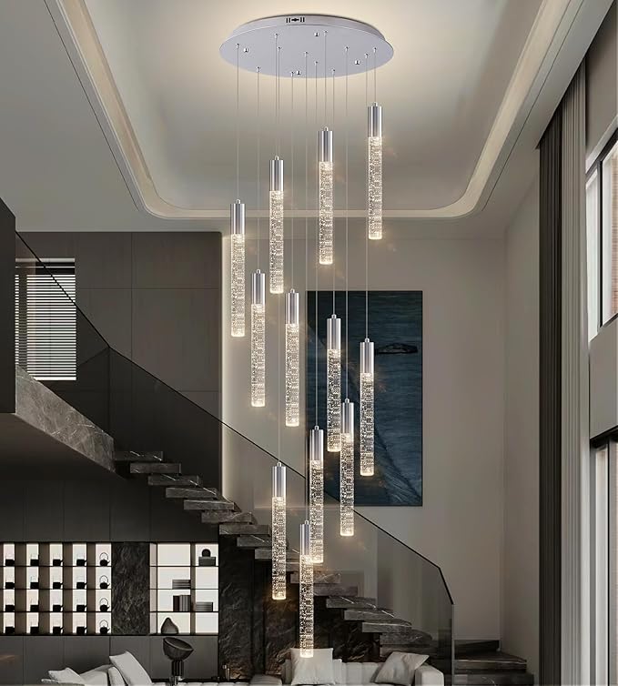12-Lights High Ceiling Crystal Chandelier, Modern Large LED Raindrop Pendant Light Fixture 98.5" H Flush Mount Chandelier Chrome for Foyer Staircase Villa Living Room