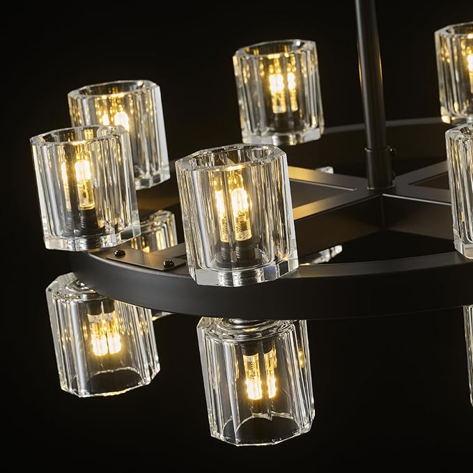 Black Wagon Wheel Chandelier, 18" Modern Farmhouse Chandelier, 16-Light Chandelier for Living Room, K9 Crystal Chandeliers for Dining Room (Bulbs Included)