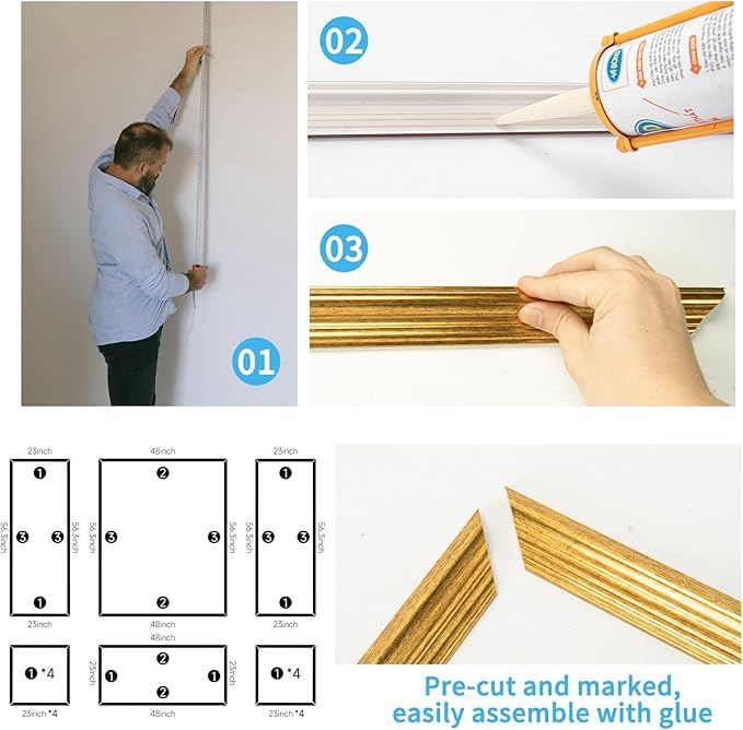 Art3d Pre-Cut Wall Molding Set of 6 pcs, Ready-to-Assemble Wainscoting Panels for Interior Wall Décor Living Room Bedroom Accent Wall - Installed with Glue, 3 Top 3 Bottom, Antique Gold