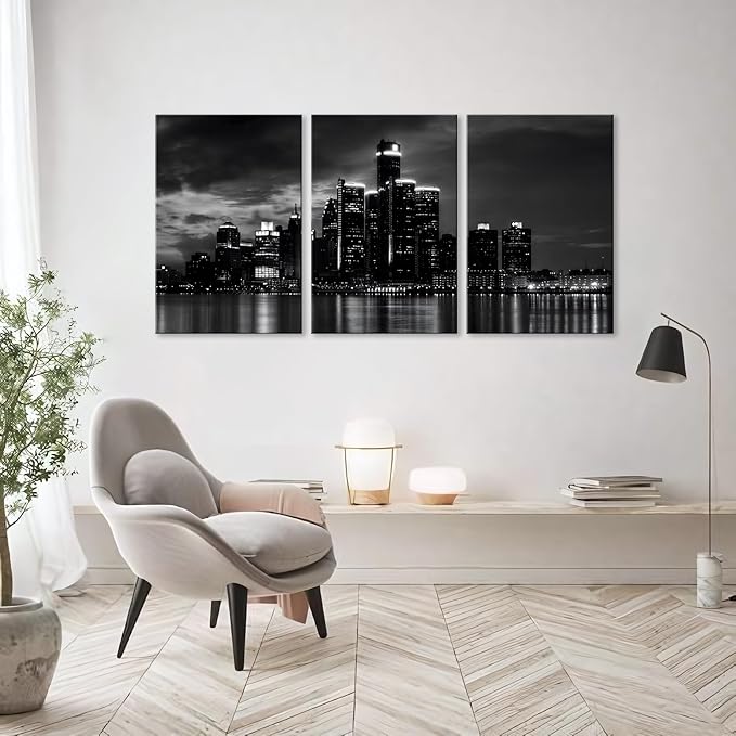 NAN Wind 3 Pcs Detroit Skyline Canvas Wall Art Cityscape Night Scene Black and White City Art Print on Canvas Modern Giclee Framed Painting for Room Decor Home Decor Detroit Skyline Picture Prints