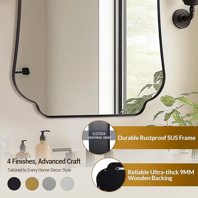 ANDY STAR Bathroom Vanity Mirror, 24x36 Matte Black Rectangle Mirror with Scalloped Round Corner, Vintage Asymmetrical Metal Wall Mirror for Entryway, Living Room