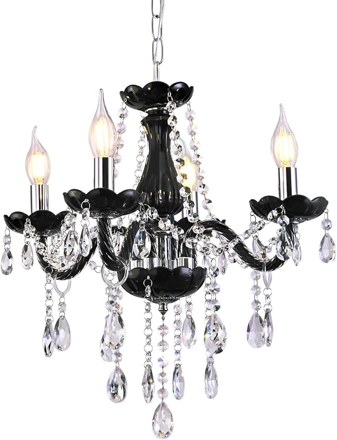 MALOSA Small Black Crystal Chandeliers,4 Lights Mini Black Glass Chandelier for Living Room,Bedroom,Dining Room,Kitchen Island.