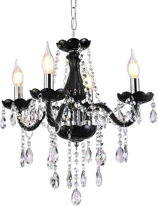 MALOSA Small Black Crystal Chandeliers,4 Lights Mini Black Glass Chandelier for Living Room,Bedroom,Dining Room,Kitchen Island.